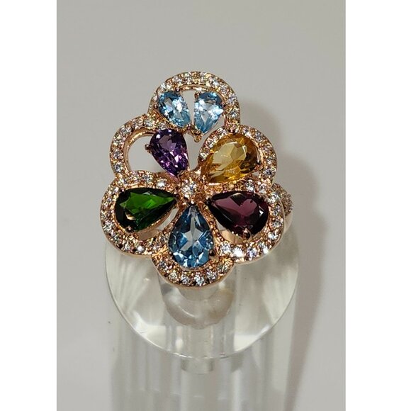 .925 Sterling Silver/Rose Gold Amethyst/Garnet/Citrine/Topaz/Diopside Ring Sz 8 - Picture 2 of 8